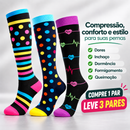 Kit 3 Pares de Meias Compressivas ColorFlex™ - Pretas Com Detalhes